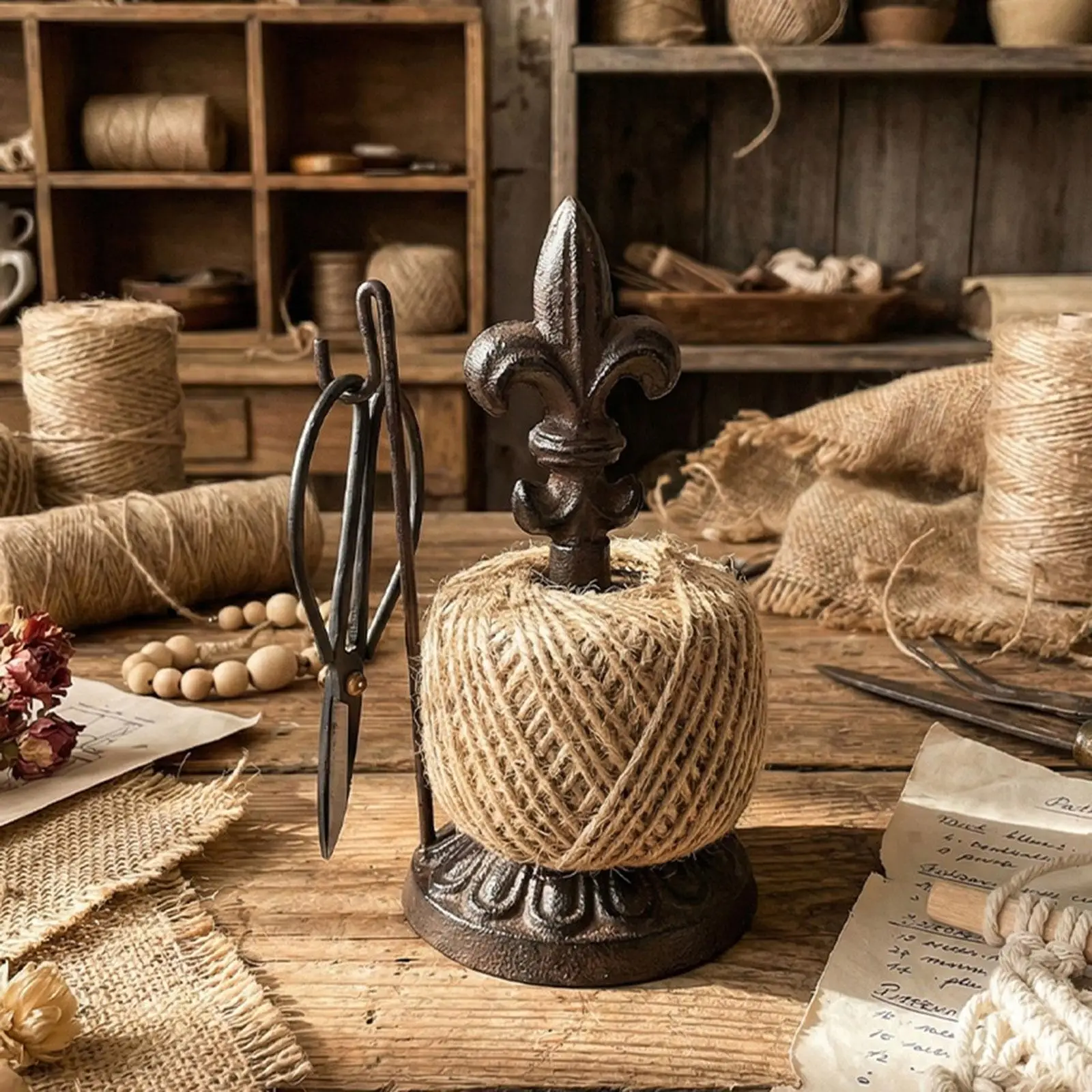 

Premium Iron Jute Twine Ball String and Scissors Holder Durable Vintage Design for Home Crafting Supplies