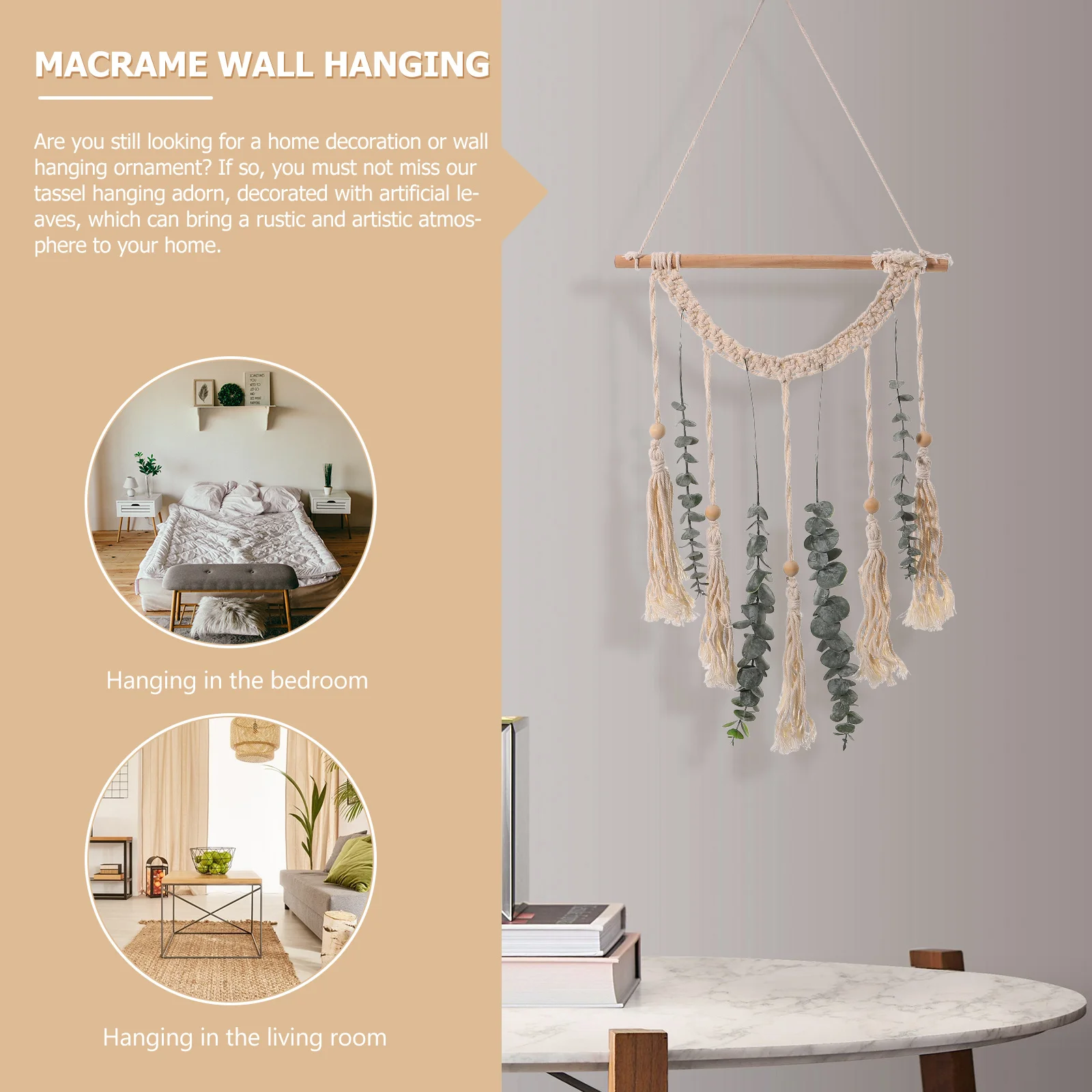 

1Set Macrame Wall Hanging Wood Bead Tassel Artificial Leaf Decor for Bedroom Living Room Wall Art Artificial Hanging Plant