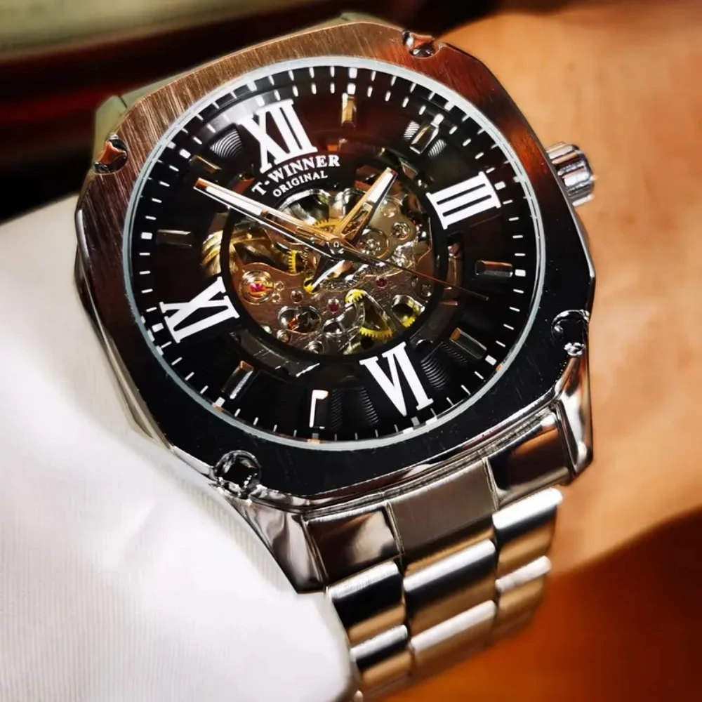 

High-End Luxury Men's Watch, Fashionable Square Automatic Mechanical Watch, Luminous Hands, Silver Stainless Steel Strap, High-End Brand Business Casual Men's Watch, Great Gift Choice