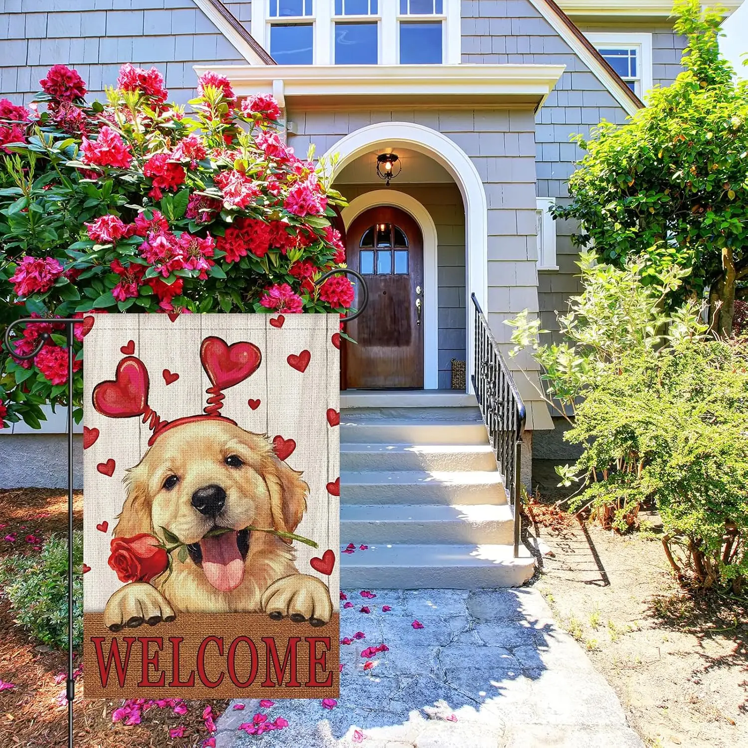 Heyfibro Welcome Valentine's Day Garden Flag 12 x 18 Inch Double Sided Burlap, Golden Retriever Puppy with Rose & He TTL LLG