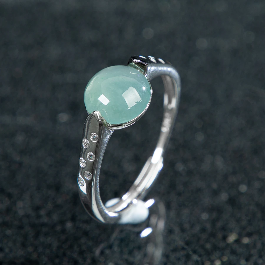 

TIMESWIND Authentic A-type Jade Light Green Round Bead Women S925 Zircon Open Ring Fashion Jewelry with Certificate