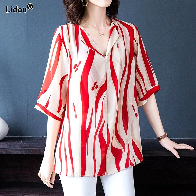 

Women's Clothing New Thin Summer Casual Loose Elegant Printing Fashion Three Quarter Sleeve V-neck Comfortable Capable T-Shirts