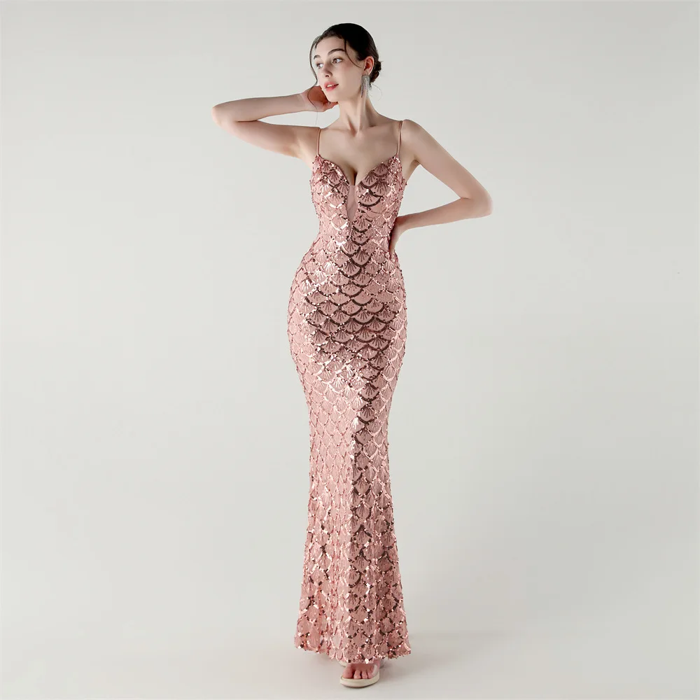 

Women Spaghetti Strap Deep V-Neck Sequin Mermaid Evening Dress All Over Sequin Scale Pattern Corset Bodice Slim Elegant Formal