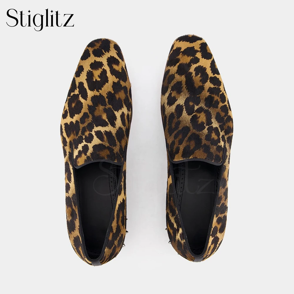 Leopard Print Studded Heel Loafers Punk Style Dress Shoes for Men Satin Designer Handicrafted Slip on Elegant Shoes for Banquet