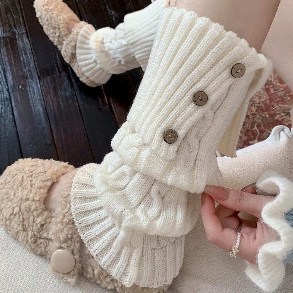 New Button Leg Warmers Wool Twist Lolita Knitted Socks Maillard Color Crochet Design Long Leggings Winter