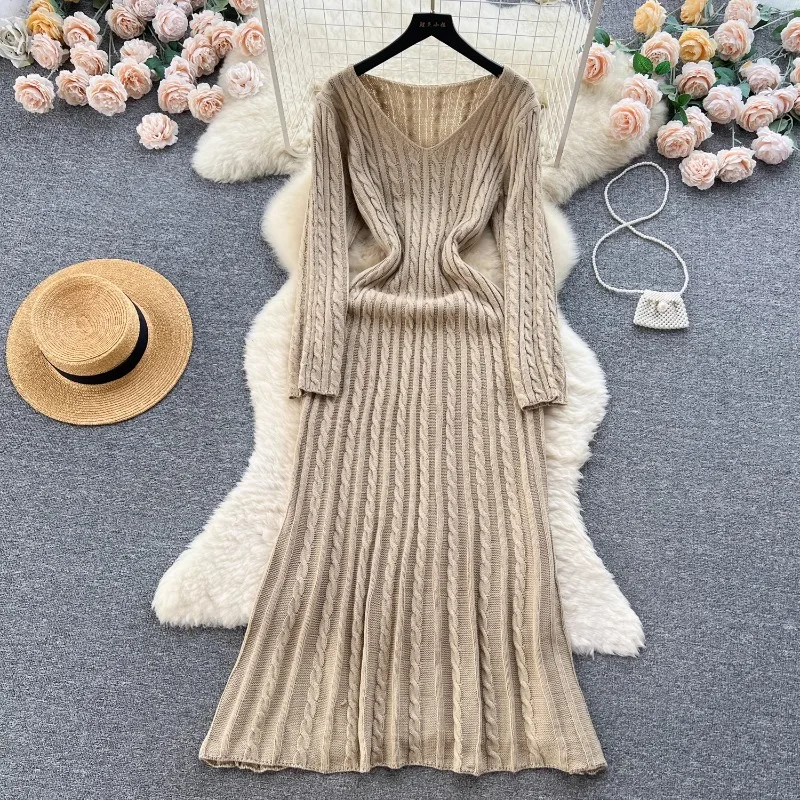 Autumn and Winter French Retro Twist Knitting V-neck Dress Women's Elastic Slim Slim Temperament Mid-length Bottoming Skirt