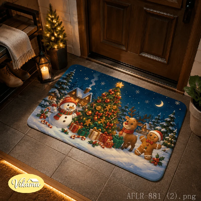 VIKAMA Snow & Tree Christmas Flannel Door Mat, Non-Slip Washable Xmas Area Rug for Entryway Front Door Living Room Kitchen
