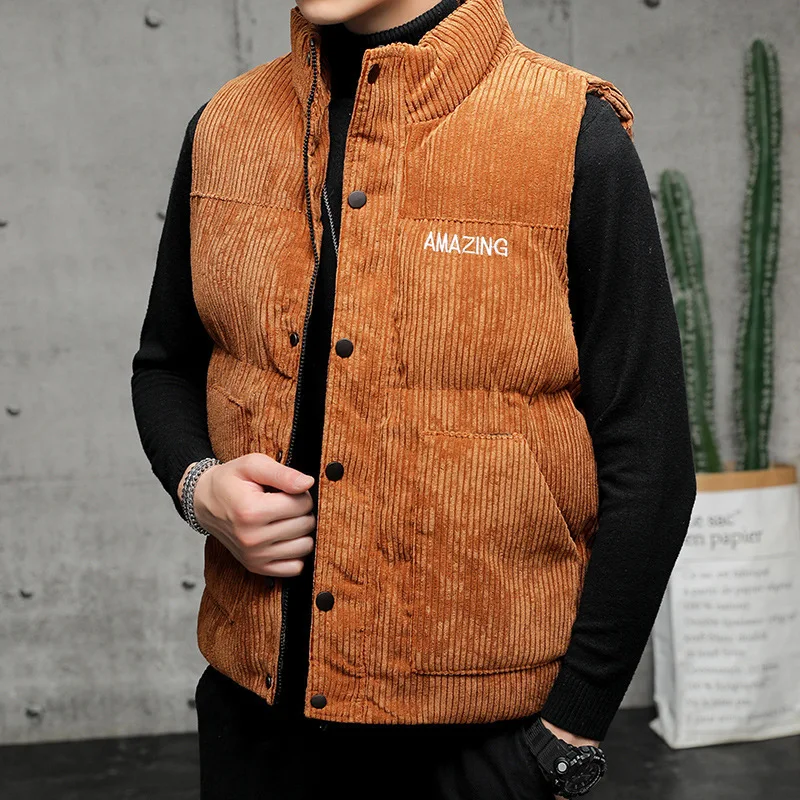 

2021 Nieuwe Winter Corduroy Vest Mannen Warme Jas Stand Kraag Mouwloze Jas Dikker Katoen Gevoerde Mannen Thermische Vest