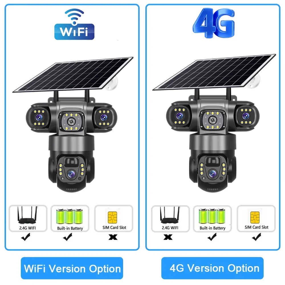 

PTZ WIFI IP Camera 4G Solar Camera Outdoor 3 Lens Three Screens Solar IP Webcam PIR Human Detect CCTV Security Video Battery