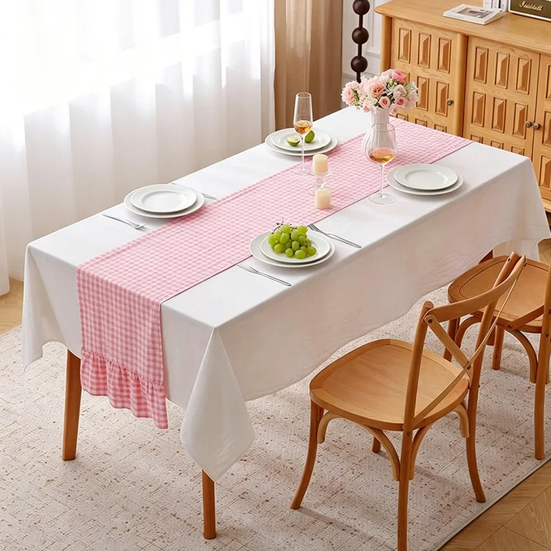 1pc Pastoral Style Pink Plaid Ruffled Table Flag,Suitable For Daily,Holiday,Party,Restaurant,Living Room,Dining Table,Birthday