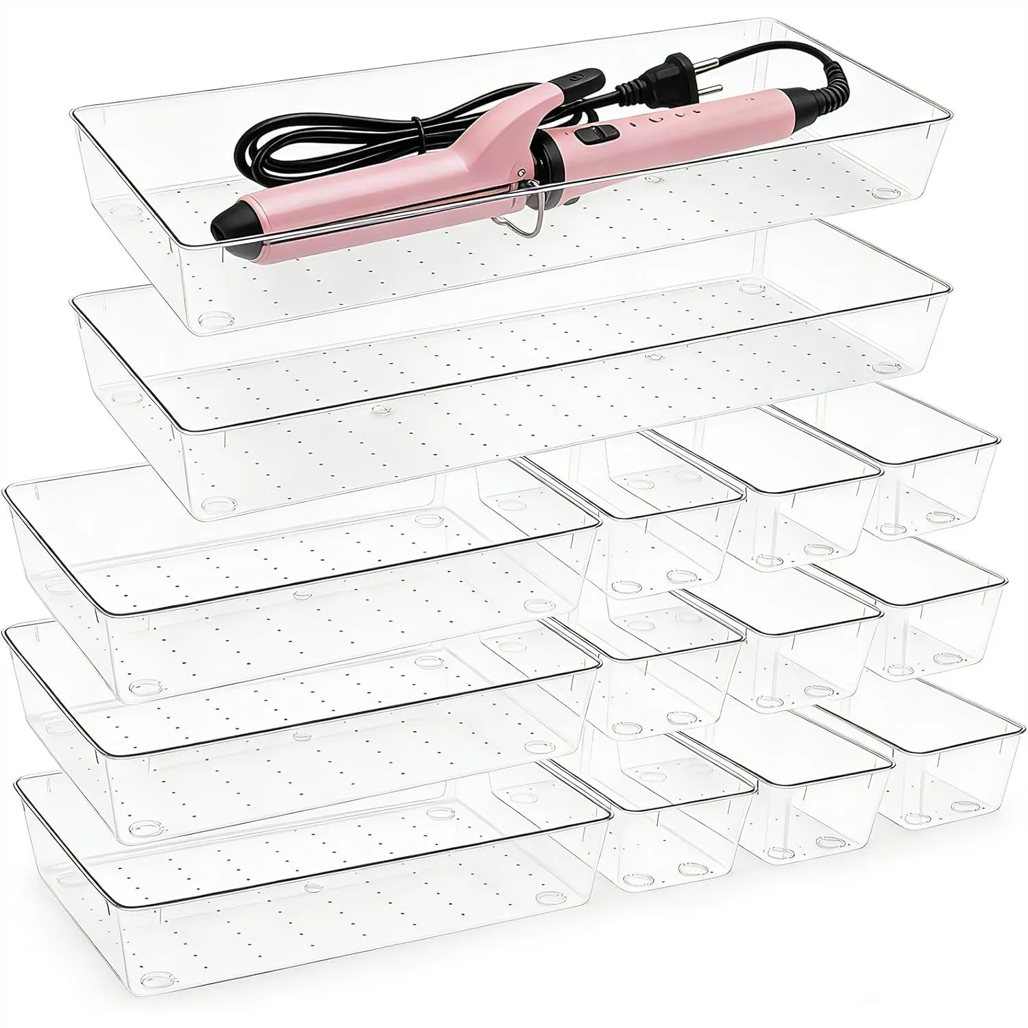 

Clear Plastic Drawer Organizer Set, 14 Pcs with 2 Extra Large Trays for Vanity, Makeup, Kitchen & Office Storage