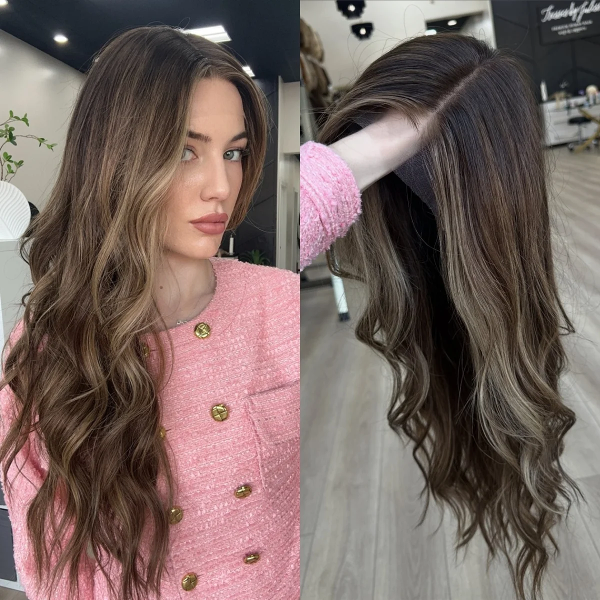 New In 30“ Long Loose Wave Middle Parting High Quality Synthetic Lace Wig Natural Brown Ombre Color Carnival Wig For Women Gift