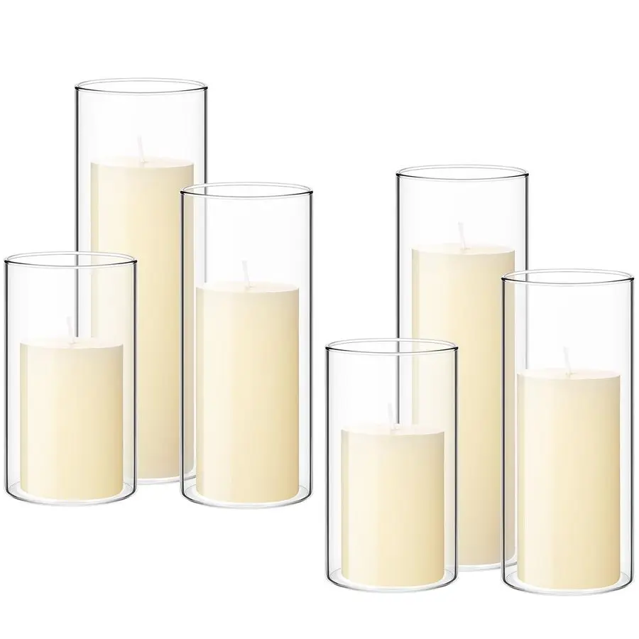 

Set of 6 Pillar Candles with Glass Cylinder Vases Clear Cylinder Hurricane Candleholders for Slim Tall Pillar Candles Wedding Ta