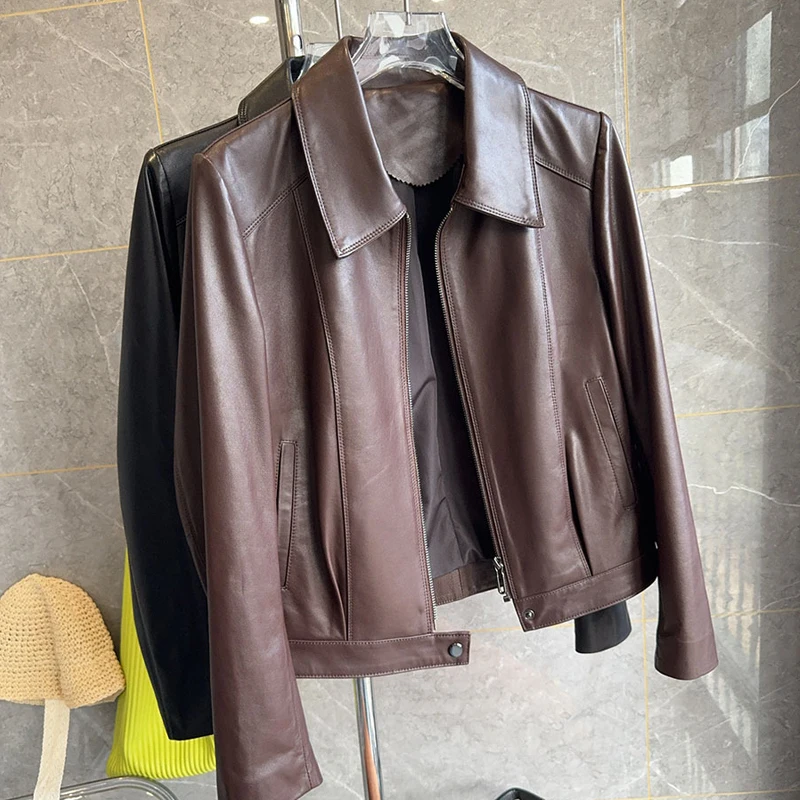 2025 nuove giacche di pelle di pecora di alta qualità moda cerniera moto e motociclista cappotti corti donna marrone / nero giacche casual in vera pelle