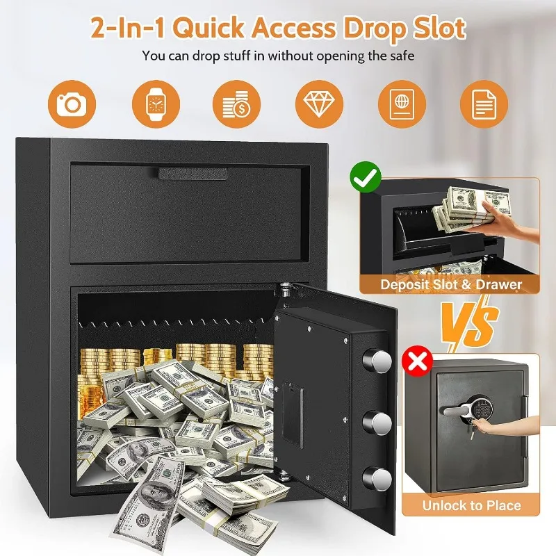 Fireproof Drop Safe with Combination Lock, Anti-Theft, Business Security Depositor, Quick Place Slot, 2,6 Cu ft