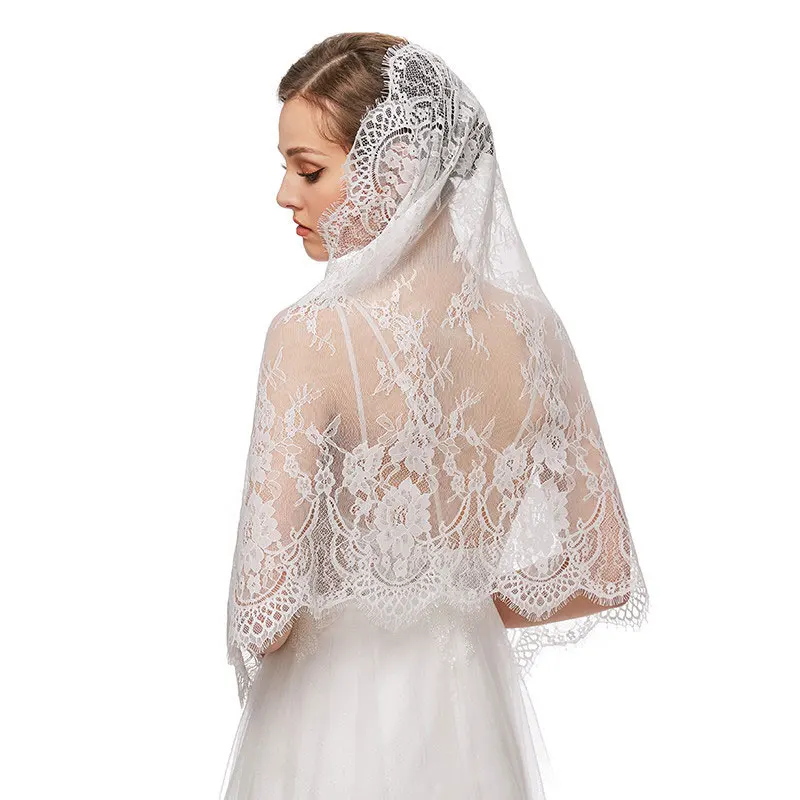 Fresh Wedding Bridal Hollow Out Lace Veil One-Layer Lace Edge Shawl White Black Women Muslim Headscarf