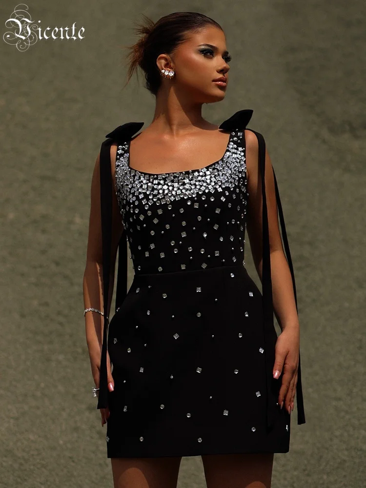 

VC Glamorous Off-Shoulder Black Mini Dress with Crystal Embellishments and Bow-Tie Sleeves for a Nightclub Event