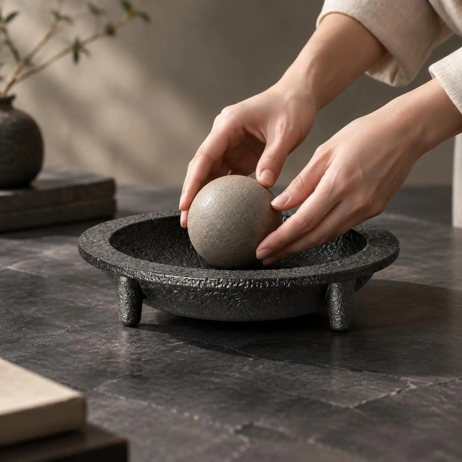 Dark Cement Serving Bowl for Snack Storage Rustic Coffee Table Decor Focal Point Piece