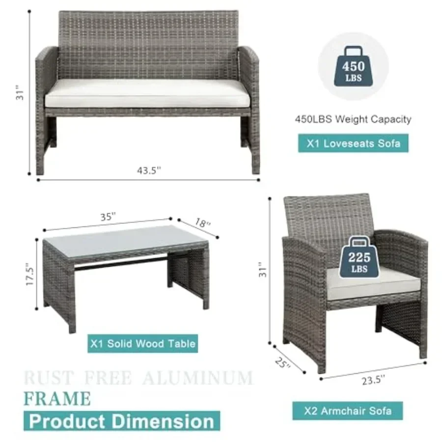 Patio Furniture Set 4 Pcs Outdoor Furniture Set, PE Rattan Wicker Patio Conversation Set with Cushions and Glass Coffee Table,
