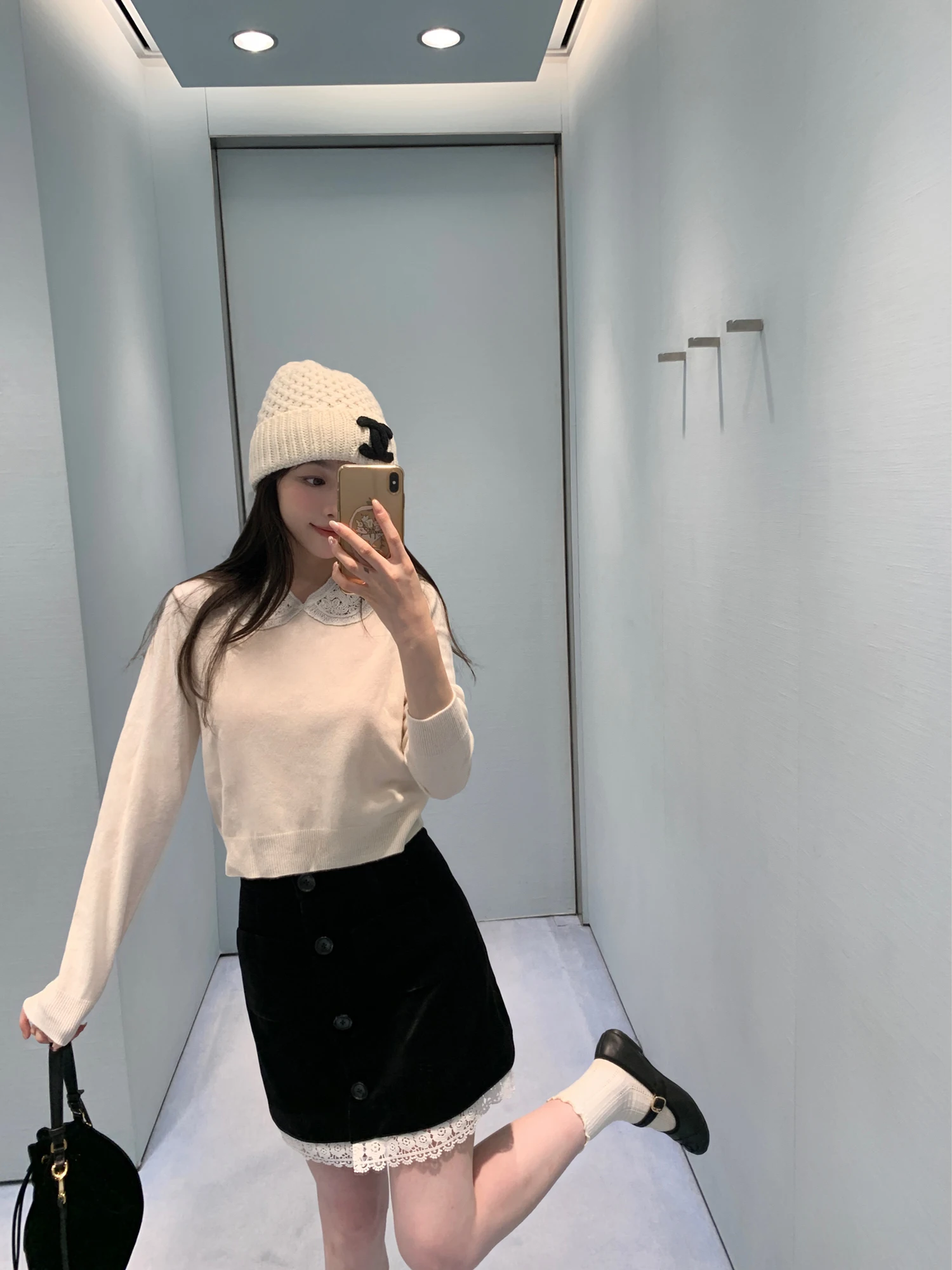 

Le Lalin Doll Collar Velvet ort Skirt Knitted Top Princ Sle Long Sve Warmth Women's Faion Autumn Collection