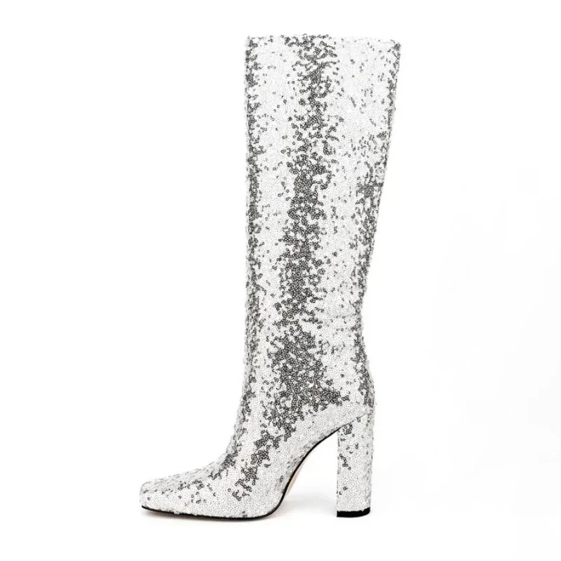 Big Size 45 Sequins Boots 2024 Winter Brand New Fashion Bling Knee High Boots Nightclub Party Shoes Heels Women Runway Elegant