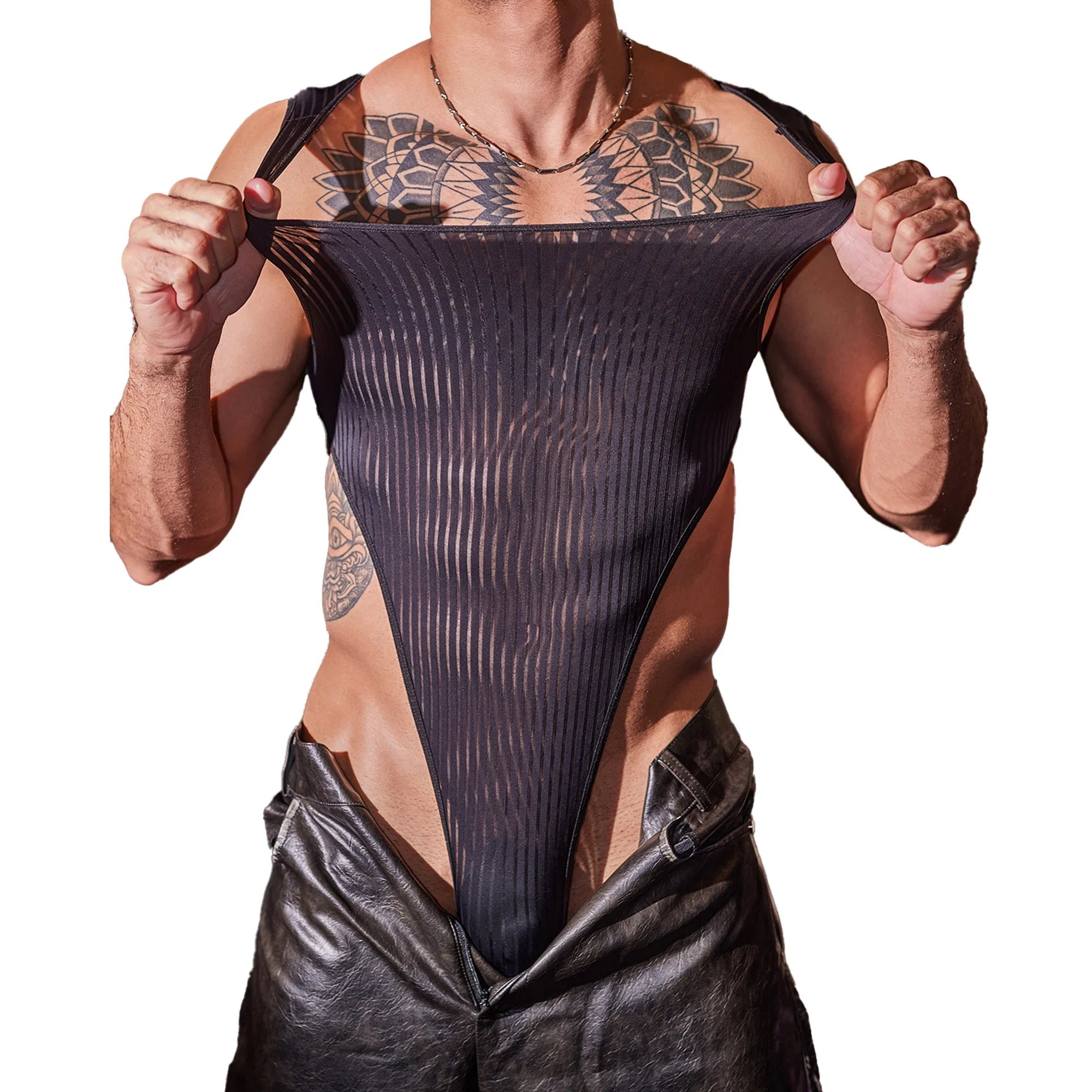 Men Hidden Button Open Crotch Rompers Breathable High Cut Bodysuits Transparent Mesh Stripe Stretch Leotard One-pieces Underwear