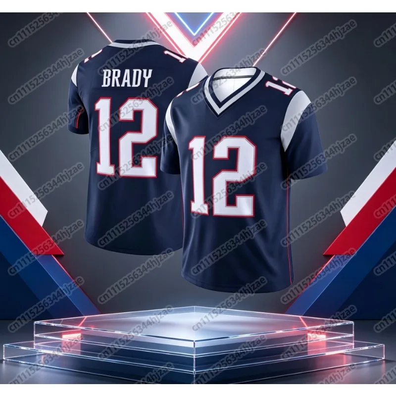 Men's # 12 Brady Navy Blue Home Football Jacket Contrast Shoulder Splicing V-neck Breathable Sports Fan Suit Family T-shirt