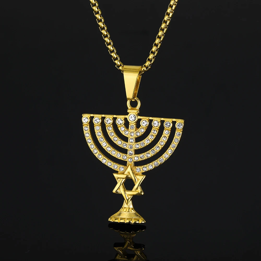 Religious Iced Out Candlestick Star of David Pendant Gold Color Stainless Steel Hexagram Necklace for Women Men Jewish Jewelry