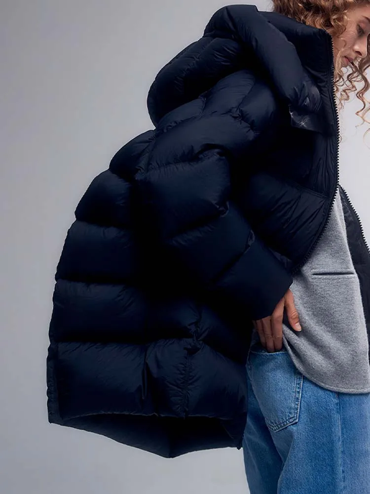 INKEO-Chaqueta de plumón de pato blanco para mujer, Abrigo acolchado con capucha y cremallera, ropa de abrigo cálida a la moda, color negro, 90%,