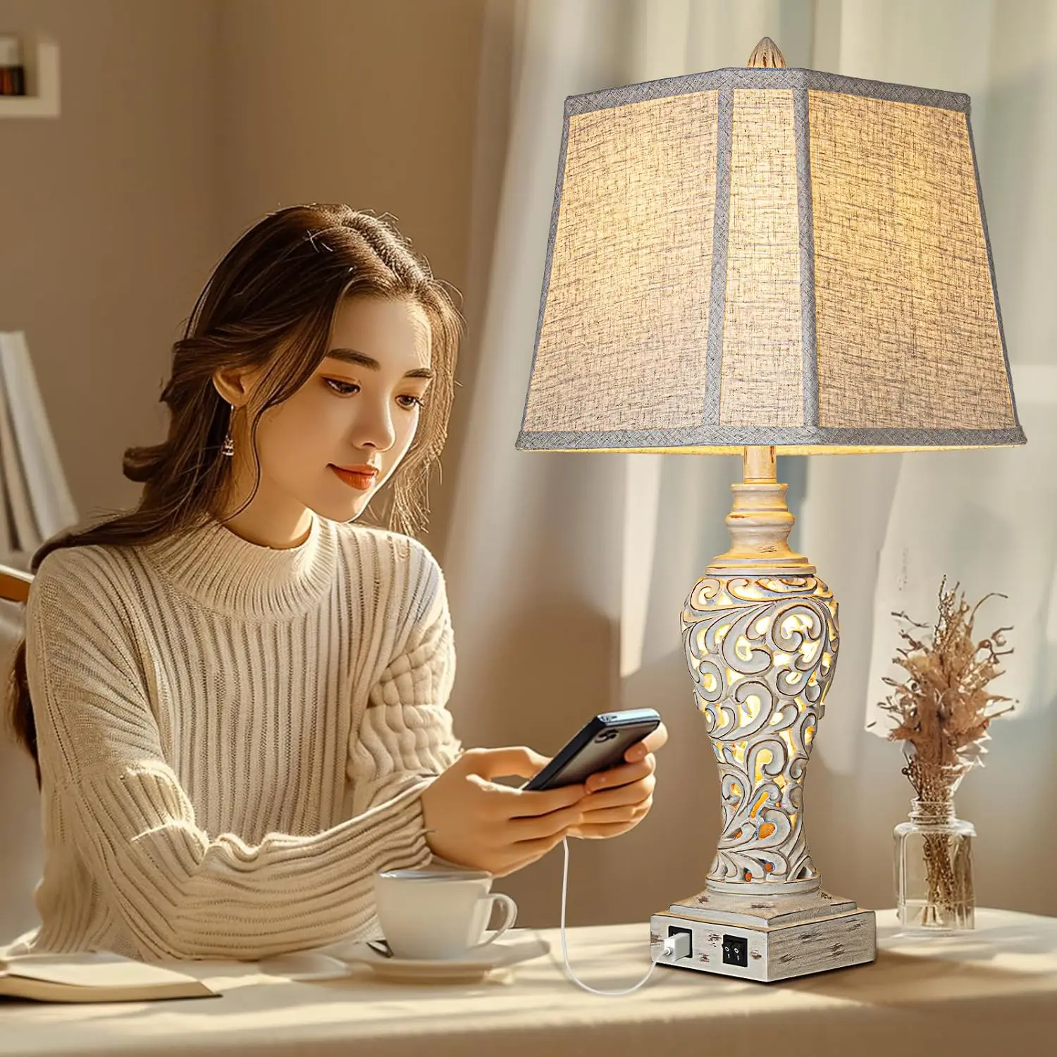 2er-Set Bauernhaus-Tischlampen mit USB-Anschlüssen und Nachtlicht, 28,5 Zoll Höhe für Schlafzimmer und Wohnzimmer