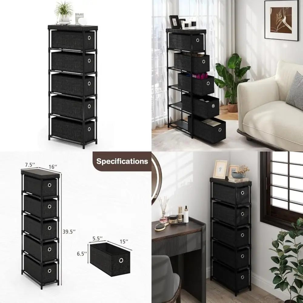 

5-tier slim storage tower with folding drawers and anti-tip safety