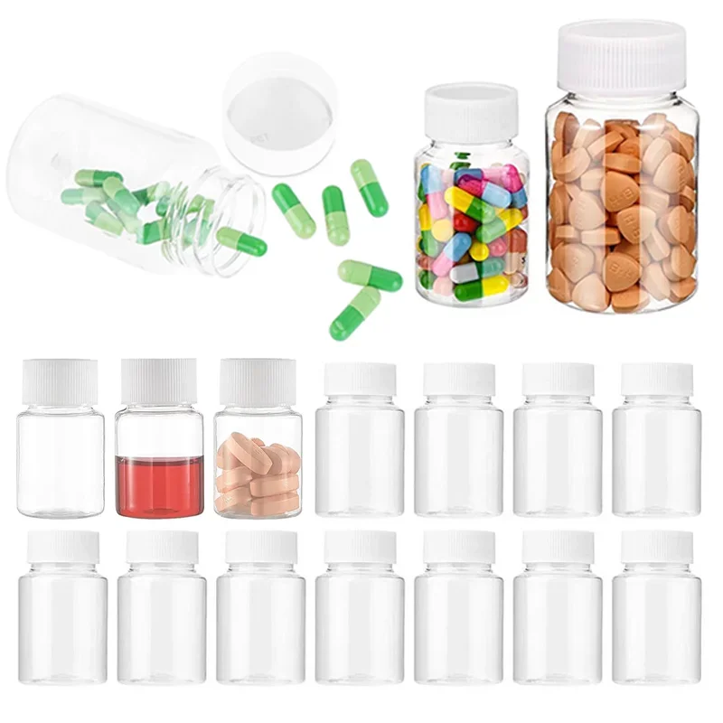 50pcs 15ml-100ml Clear Plastic Pill Bottles with Seal Caps Empty Reagent Bottle Reusable Chemical Capsules and Storage Container