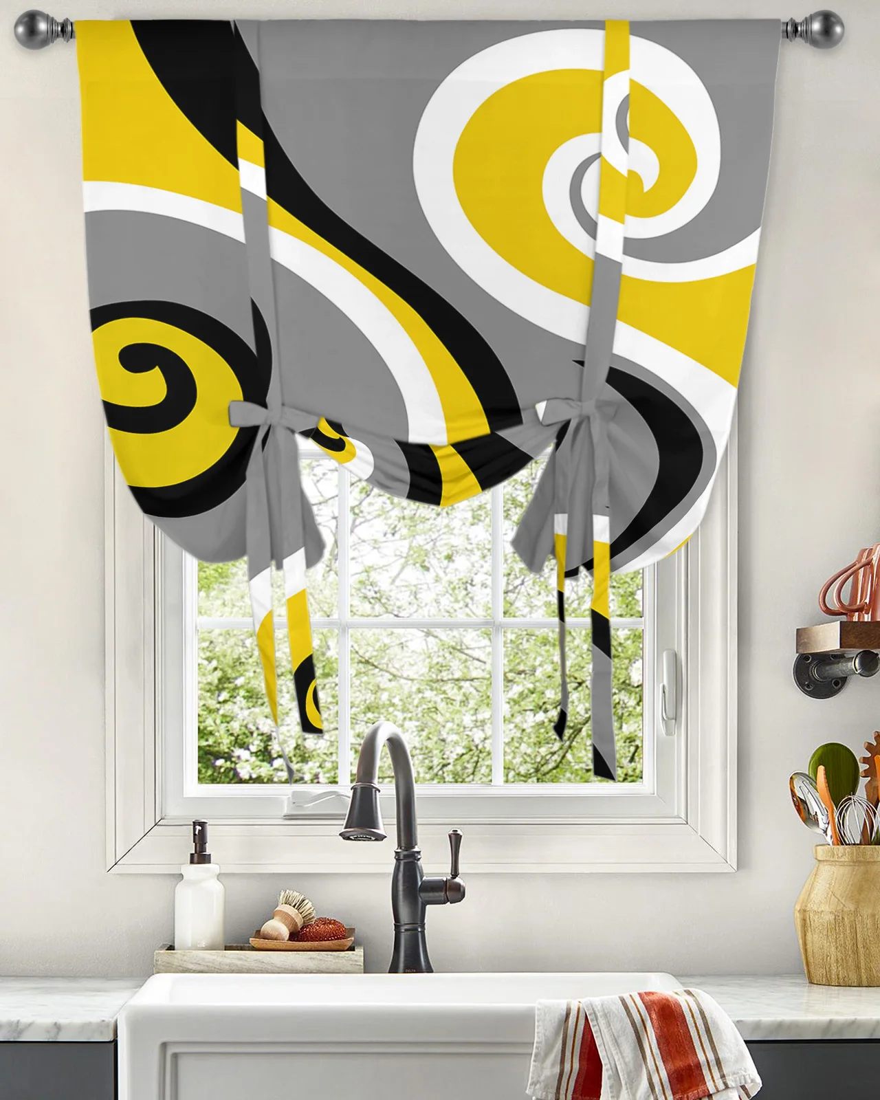 Modern Abstract Whirlpool Yellow Window Curtains Tie Up Curtains for Kitchen Living Room Adjustable Rod Pocket Drapes