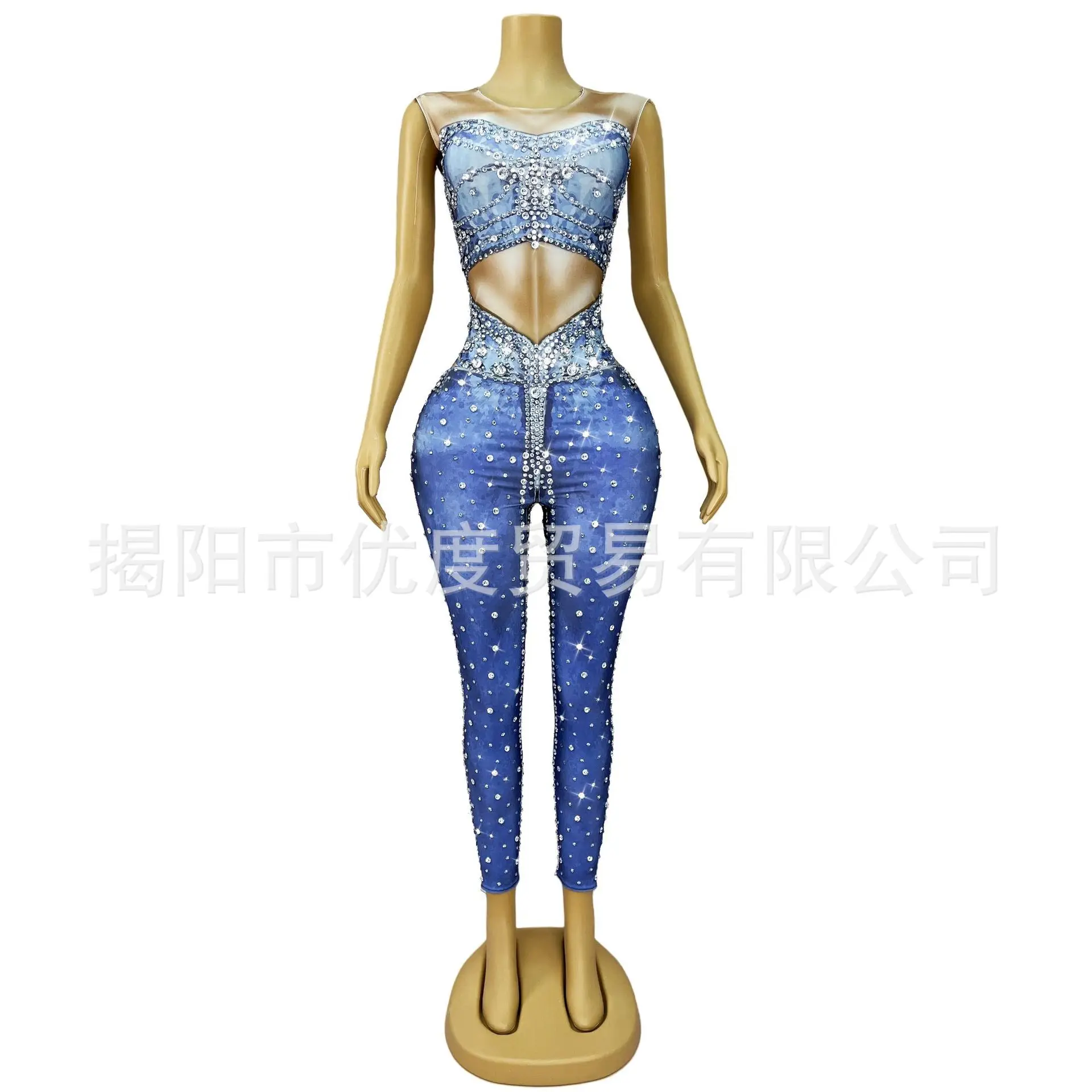 Glam Hand-painted Denim Handmade Rhinestone Dress Birthday Party Cocktail Night Show Jumpsuit Jeans Birthday Dresses Luxury Prom