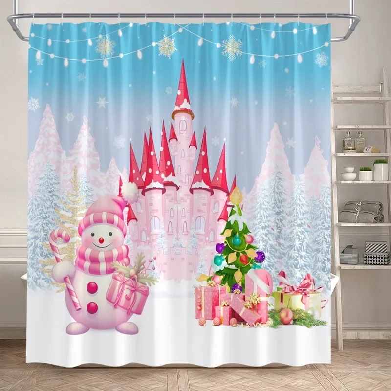 Cute Pink Snowman Christmas Shower Curtains Winter Forest Castle Xmas Trees Gift New Year Holiday Home Bathroom Decor with Hooks