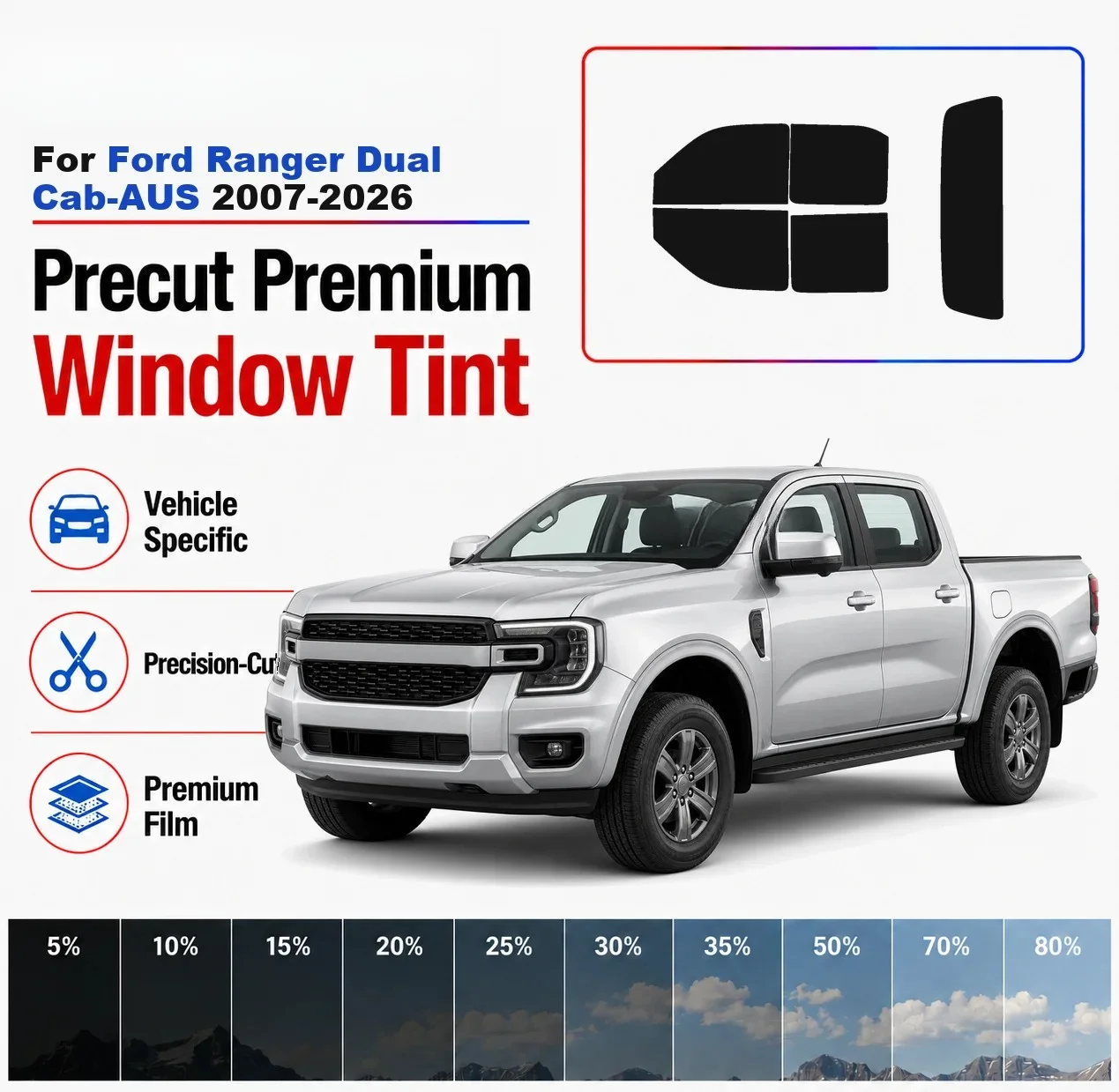 Premium Precut Window Tint Kit Front Rear Windows Rear Windshield For Ford Ranger Dual Cab-AUS 2007-2026 Nano Ceramic Film