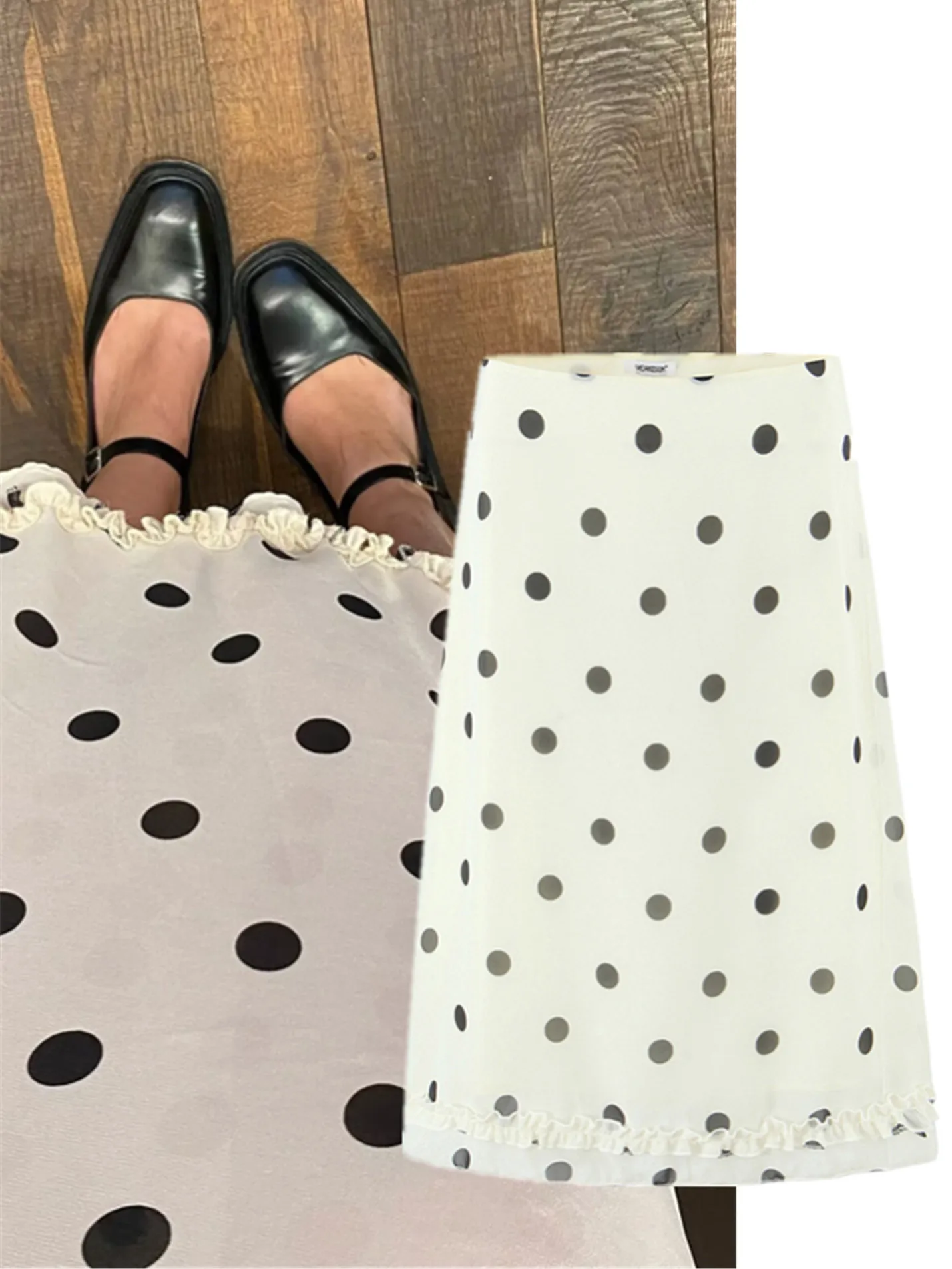 

Slimming Polka Dot f Skirt Casual Women's Patchwork Wooden Bordered A-Line Midi Skirt Breathable Skin-Friendly