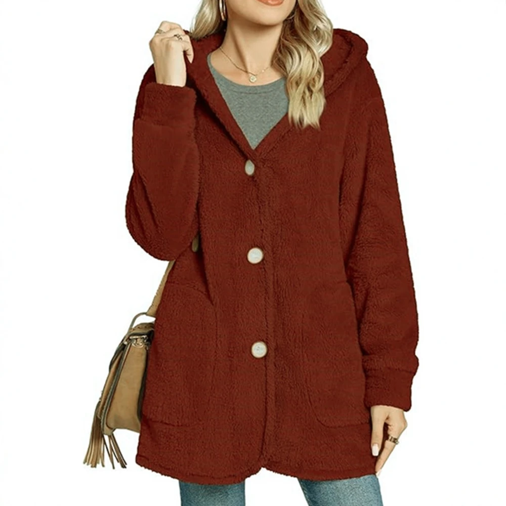 

Женский плюшевый кардиган с капюшоном, повседневное пальто с карманом на пуговицах, независимая станция, модное для Европы и