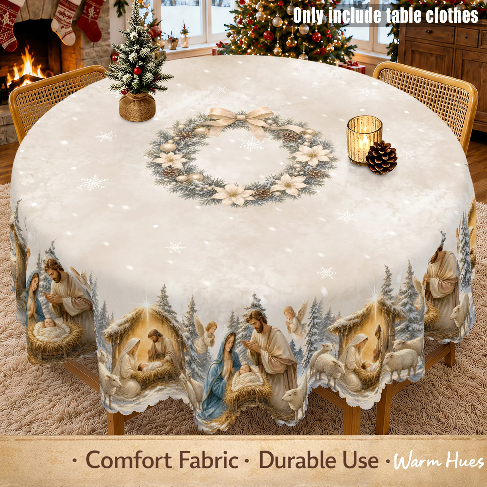 1 piece, retro Christmas nativity theme tablecloth, Christmas manger scene print, winter snow forest
