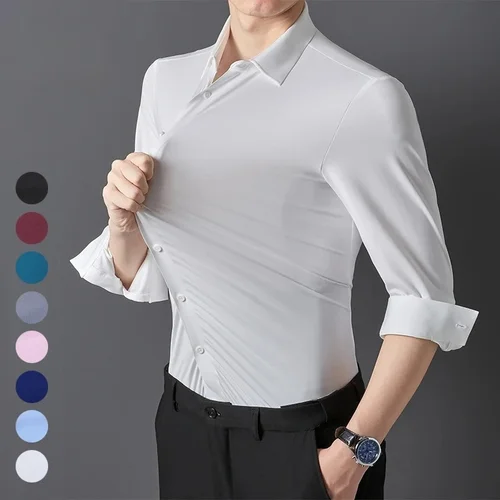 Imagen 1 del producto Camisa ajustada ultraelástica premium para hombre: camisa formal de manga larga de negocios sedosa de alta calidad para uso social e informal