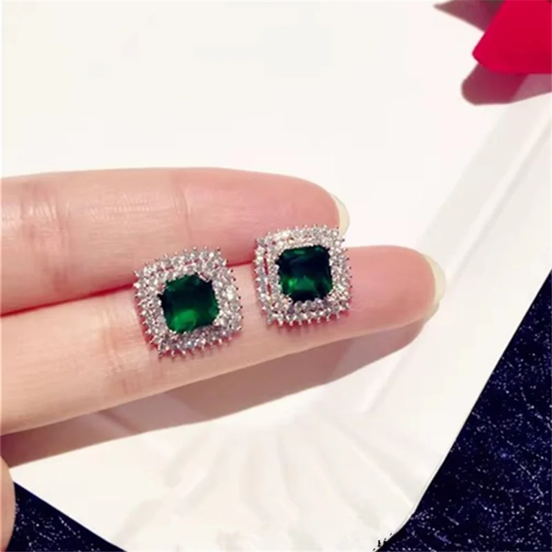 

Created Emerald Stud Earrings for Women 925 Silver Needle Fine Jewelry Party Accessories Vintage Square Shape Ear Wear Gift