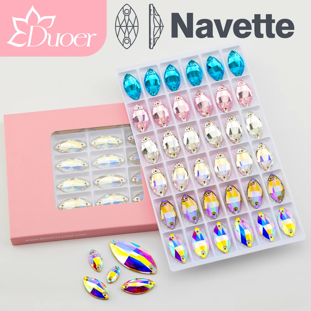 DUOER Navette, múltiples colores, cristal de alta calidad para coser en diamantes de imitación, piedras de costura con parte posterior plana de cristal para decoraciones de ropa DIY