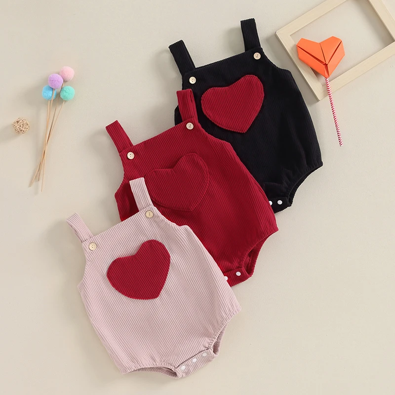 

Toddler Infant Baby Boys Girls Romper Overalls Sleeveless Heart Pocket Corduroy Jumpsuits Newborn Valentine Clothing