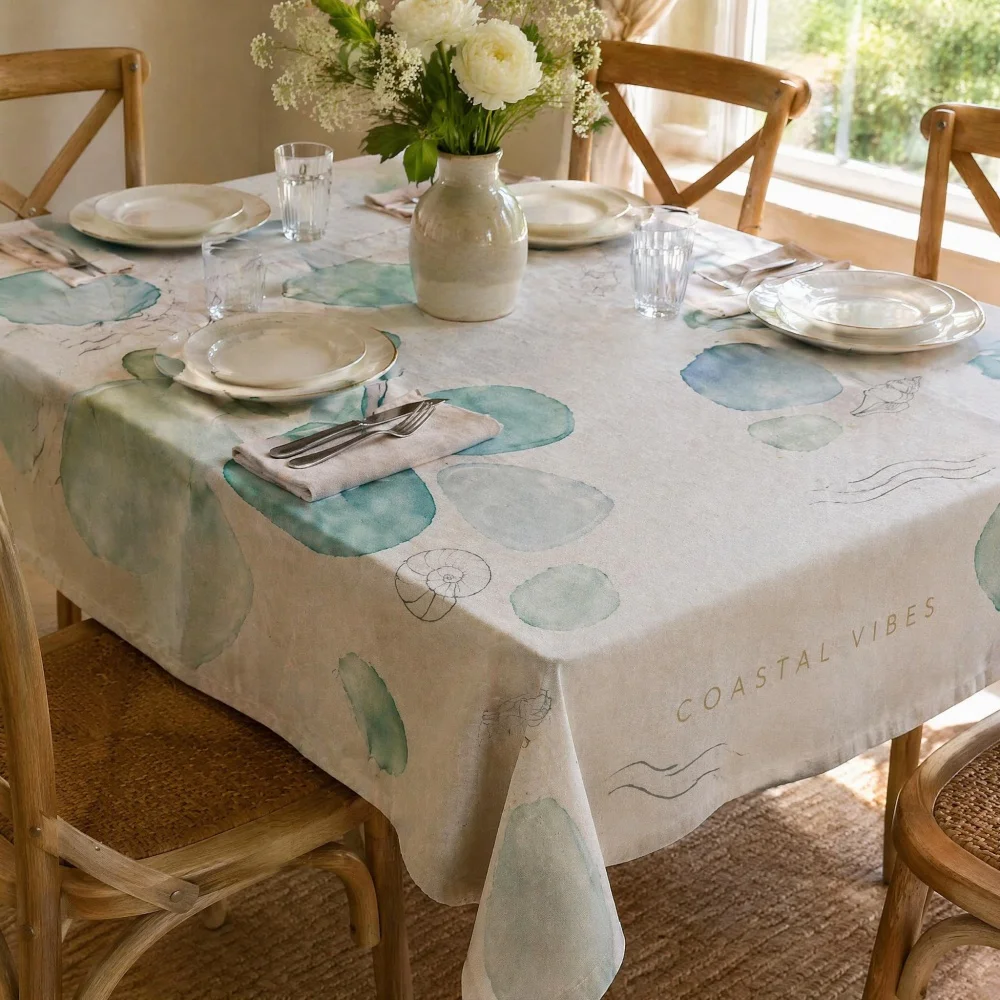 Coastal Vibes Watercolor Seashell Print Tablecloth Light Blue Rectangle Table Cover Beach Style Dining Kitchen Home Table Decor