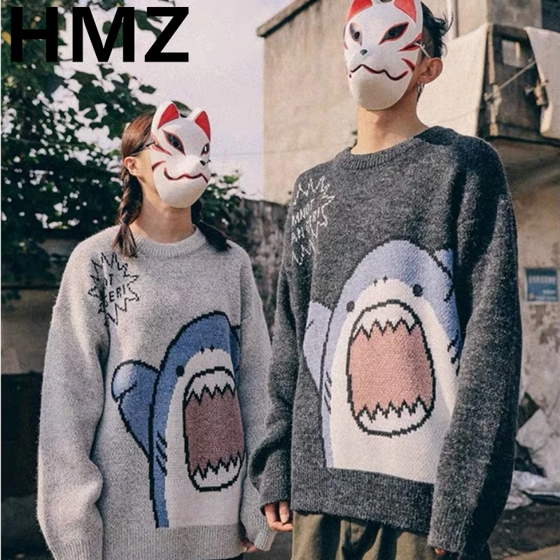 HMZ Couple Cartoon Shark Knitwear Sweater Winter Patchwork Harajuku Korean Style O Neck Oversized Grey Sweater Jumper For Men