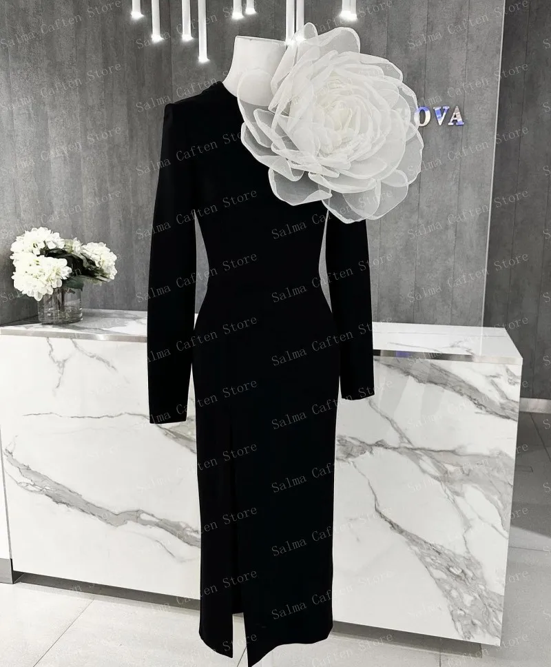 O-neck Long Sleeve Prom Dress Midi Length Custom Made Color Evening Dresses With Slit Big Flower Woman clothes Ever Pretty