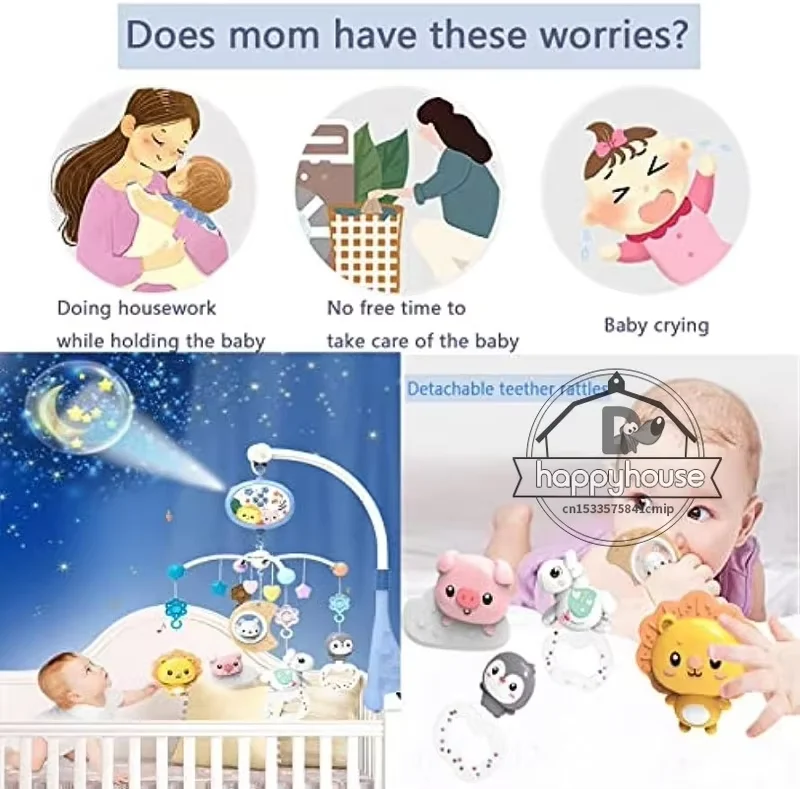 Babybedje Mobiel met verlichting Muziekprojectie voor zuigelingen 0-6 maanden Afstandsbediening Wieg Speelgoed voor pasgeboren baby Mobiel voor wieg