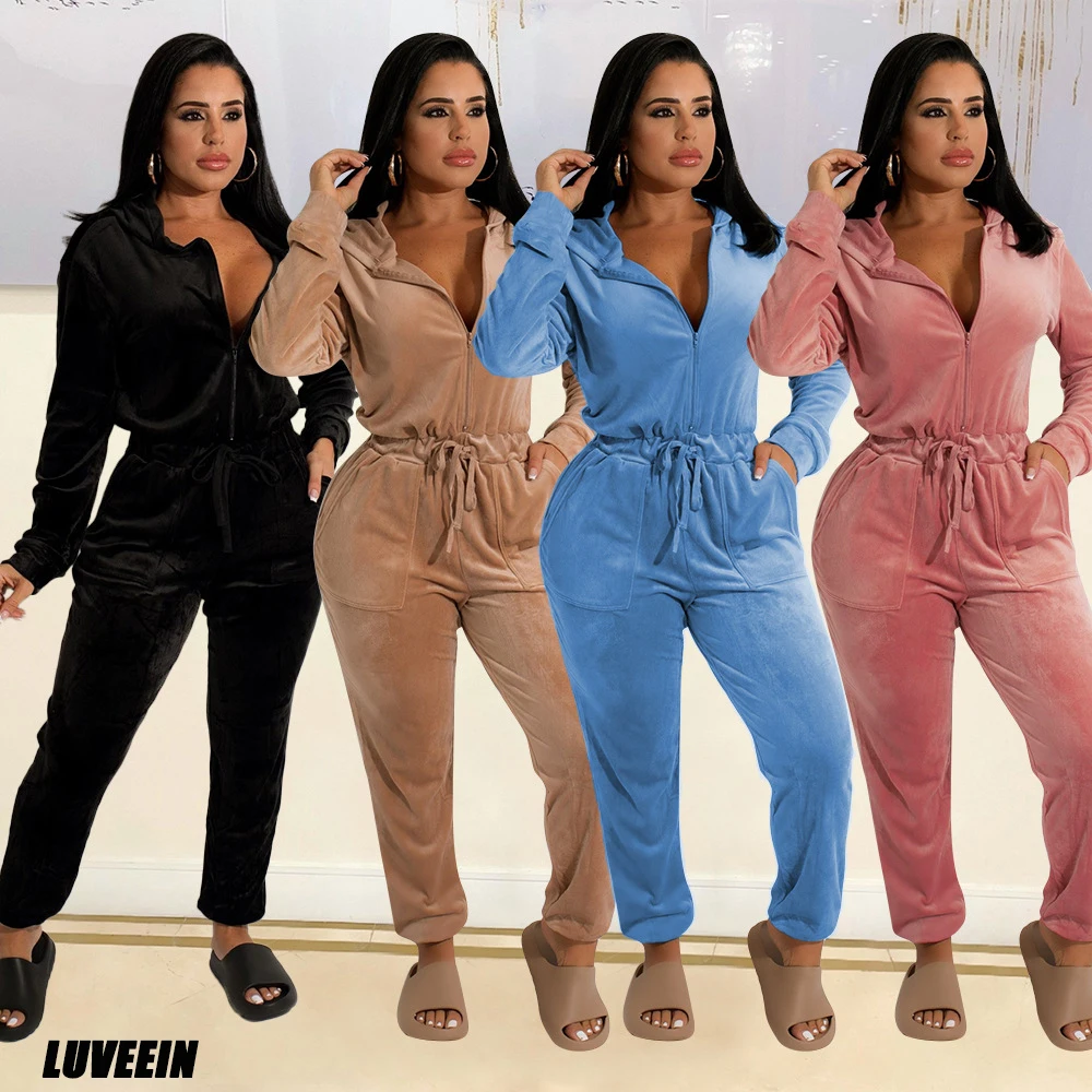 Velvet Sexy Elegant Jumpsuits One Piece Playsuits Bodycon Rompers Pocket Cargo Pants 2023 Winter Fall Women Jumpsuits Bodysuits