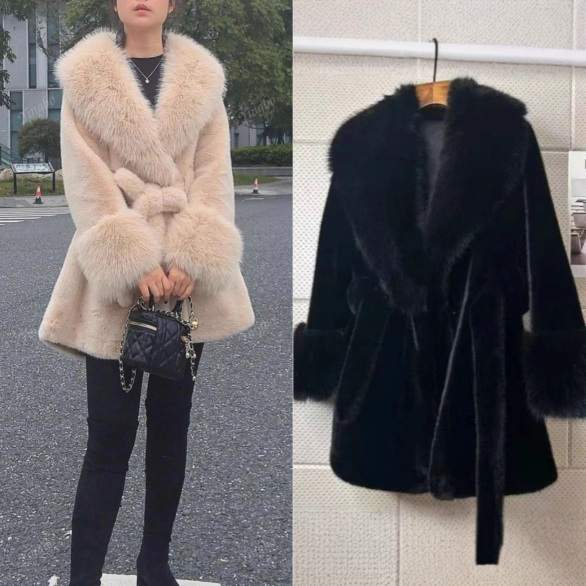 Mid Length Coat Women Faux Fur Coats Jackets Turn Down Collar Tight Waist Y2k Streetwear Elegant Work Outerwear Autumn Winter