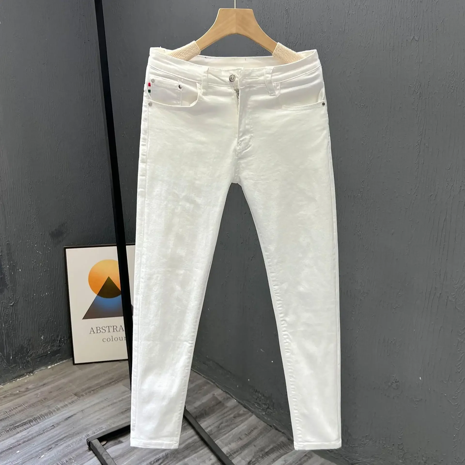 

Pop Four Seasons Men’s White Solid Color Skinny Simple Jeans Pants Ankle Length Thin Slim Denim Trousers Male New Fashion Street